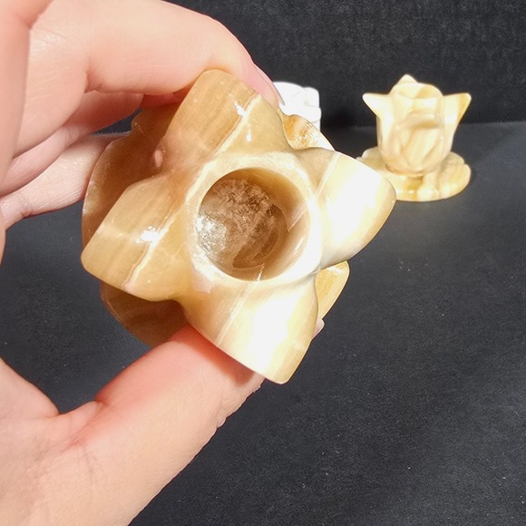 Set of‎ 3 Vintage Carved Marble Onyx Stone Candle Stick Holder Tulip Design - Picture 2 of 10